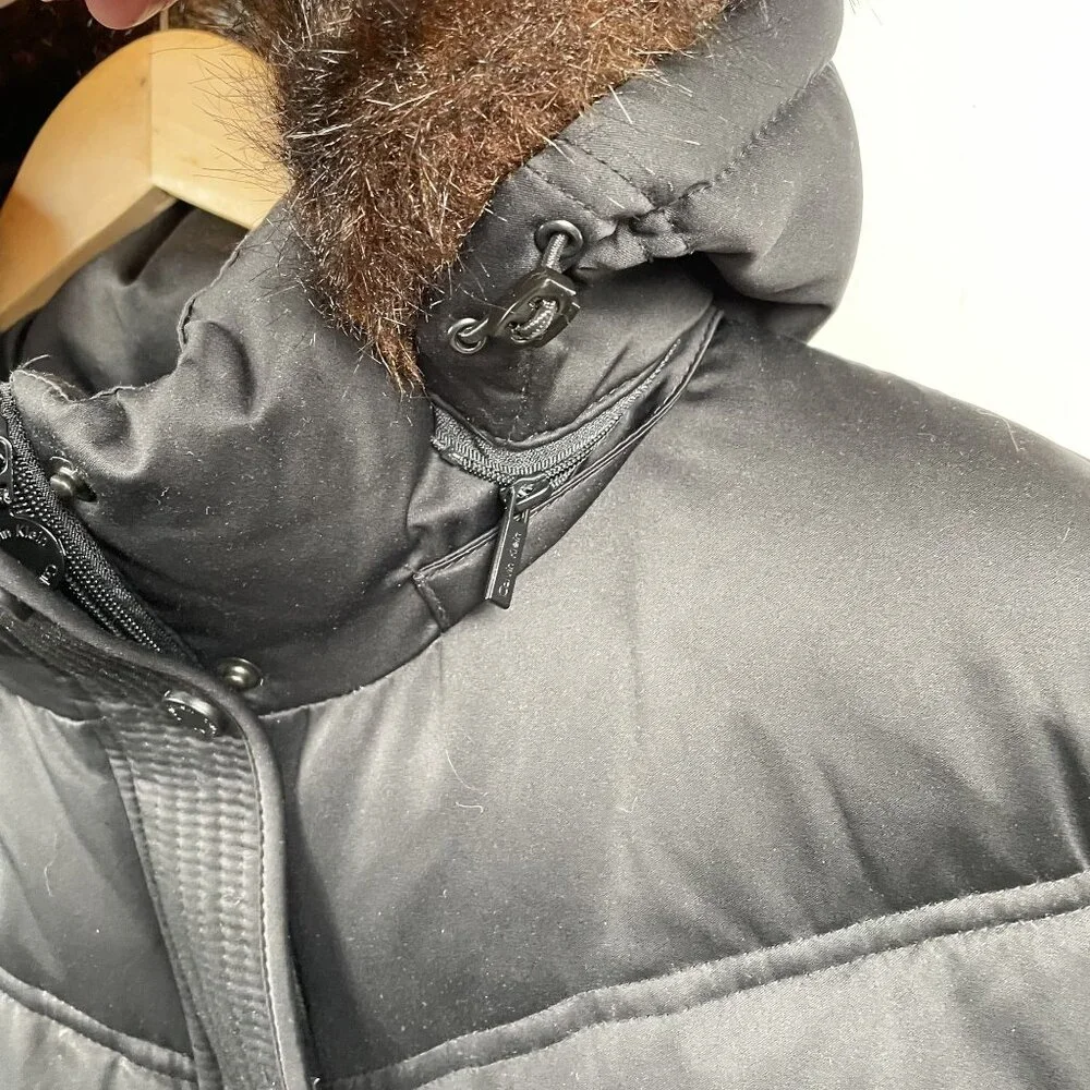 Calvin Klein Down Jacket Womens XL Black Faux Fur‎ Hood